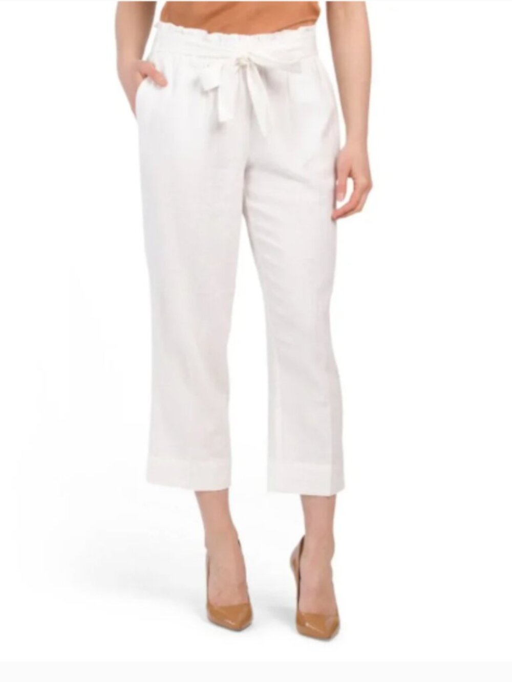 ANNE KLEIN White Linen Blend Paperbag Elastic Waist Tie Front Pants - Size XL